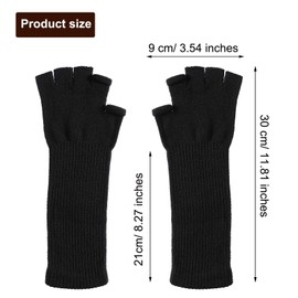 2 Pairs Fingerless Winter Gloves Long Thermal Knitted Mittens Stretchy Knitted Arm Warmers Half Finger Gloves for Men Women 11 Inch, white/black