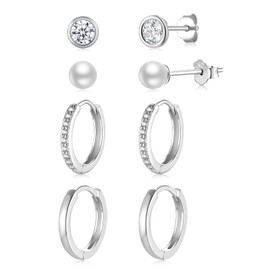 4 Pairs of Stud Earrings Hoop Earrings Silver 925 Small for Women, AAA+ Zirconia Stud Earrings Gold Set, Cartilage Huggie Earrings for Girls Women, Sterling Silver