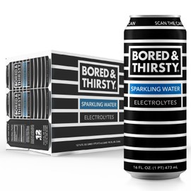 BORED & THIRSTY Sparkling Water with Electrolytes,16 FL OZ - 100% Recyclable Aluminum Cans 12 Pack, Crisp Bubbles with a Smooth Finish, A Great Mixer Too