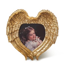 C&Z Vintage Picture Frame 4x4 Antique Angel Wings Heart Shaped Memorial Photo Frame with High Definition Glass Front for Home Decoration Table Art Bronze Gold Baroque Photo Display