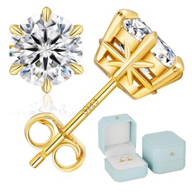 KRKCLIFE Earrings Moissanite 6 Prongs Diamond Stud Earrings Compatible for Men and Women, 925 Silver, Hypoallergenic, 1 Bead, Sparkling Jewelry, Both Ears, 0.6/1.0/1.2/1.6/2.0/3.0 Carat, Silver & Gold