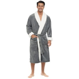 Alexander Del Rossa Men's Plush Sherpa Robe, Warm Bathrobe with Pockets Steel Gray with Cream Medium (A0261STLMD)