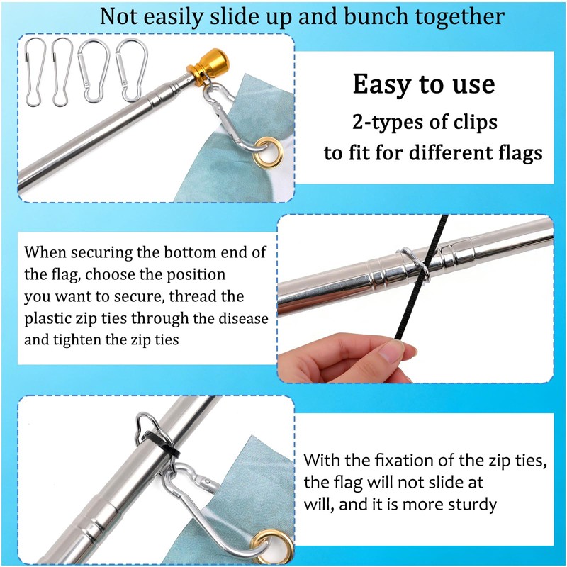 Portable Handheld Flag Pole with Clips Zip Ties,8.2Ft/2.5M Telescopic Handheld