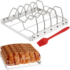 Stainless Steel Rib Rack for Smoking and Grilling, Holds 5 Rib Racks for Grilling & Barbecuing, Foldable Outdoor BBQ Rack with Oil Brush, Smoker Rack for Grilling, Great BBQ Accessories Gifts for Men