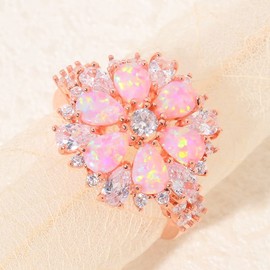 CiNily Flower Opal Ring-Pink Opal Cubic Zirconia CZ Ring 14K Rose Gold Plated Gemstone Promise Engagement Ring for Women Size 11