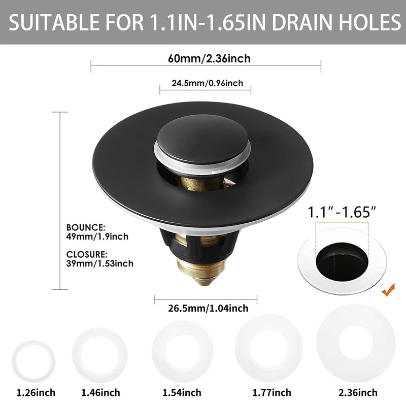Fransiton Bathroom Sink Stopper, 1.1-1.77 Inch Basin Pop Up Black