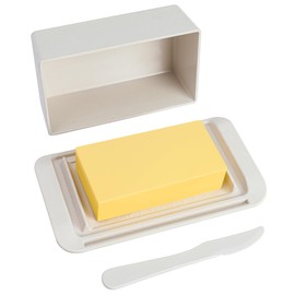 ECOWAY Bamboo Butter Dish with Lid and Knife, Large Butter Keeper for Countertop and Fridge, Holder Container for 2 Sticks East Coast/West Coast/European Style/Kerrygold Butter, Dishwasher Safe, White