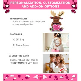 DolliBu Happy Mother's Day Super Soft Plush Funky Sitting Brown Moose - Cute Stuffed Animal with Pink Heart Message for Best Mommy, Grandma, Wife, Daughter - 9" Inches