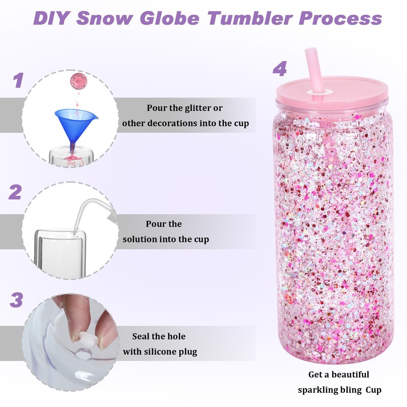 Micellwuu 20 oz Acrylic Snowglobe Tumbler, 4 Pack Double Wall