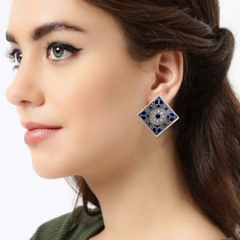 Aheli Oxidised Silver Square Floral Adjustable Ring with Earrings Combo Afghani Tribal Indian Traditional Bollywood Ethnic Antique Jewelry Set for Women (Blue)