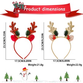 AYNKH Christmas Reindeer Headband 2 Pcs Sequins Antlers Christmas Headbands Xmas Hair Hoops with Plush Ears Bell Antler for Kids Women Girls Christmas Party Headwear Hair Band Decoration Accessories