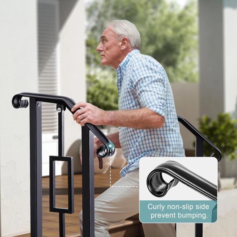 LMRSTOO Black Outdoor Handrails - Heavy Duty Double Post Railing