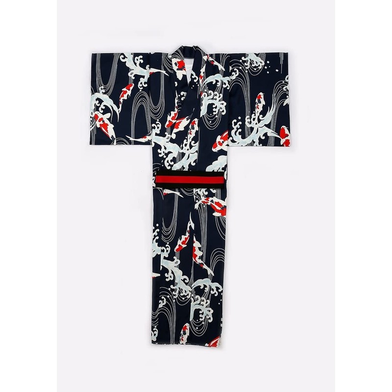 Lady Lazy Men's Yukata, Kimono, Kimono, Obi Set, Carp, Navy,