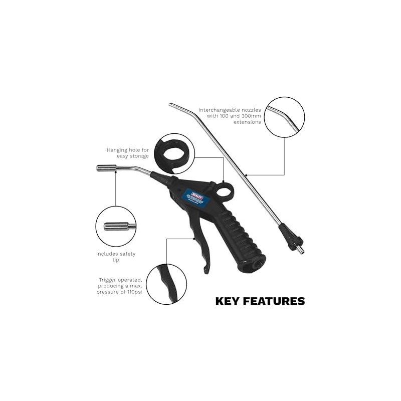 Sealey Sa914 Air Blow Gun With Safety Nozzle And 2