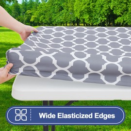 Smiry Smiry Picnic Table Cover with Bench Covers, Waterproof Elastic Fitted Tablecloth for 6 Foot Tables, Washable Polyester Tablecloths for Camping, Indoor & Outdoor (Grey Morocco, 30x72 Inch 3-pc Set)