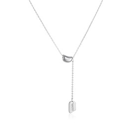 KOMI Silver Y Shaped Necklace for Women Minimalist Bean Bead Necklace with Drop Chain Lucky Tag for Womens, Collarbone Chain Trendy Fashion Jewelry Gift for Friends