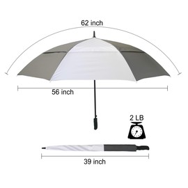 KUD 62 Inch Automatic Open Stick Golf Umbrella with Large Oversize Windproof Double Canopy (62" Gray/White)