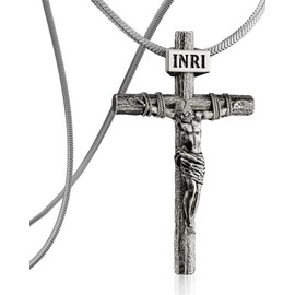 ZENLUNANO Catholic Crucifix Necklace for Men and Women, Antique Silver Cross Necklace with Exquisite Medium Jesus Pendant, 22" Stylish Stainless Steel Snake Chain, Christian Jewelry Gift