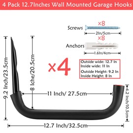 Naikozmo 12.7 Inch Heavy Duty Large Tool Hanger, 4 Pack Wall Mounted Garage Storage Hooks, Indoor Black + Red 12.7Inches x 9.2Inches