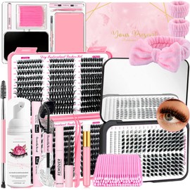 QUKLOGEN DIY Fluffy Lash Extension Kit 842Pcs with Bottom Lashes Lash Bond and Seal,Quick Glue Remover Lash Shampoo Cleansing Brush Headband Wristband Tweezers Eyelash Brush Mini Applicato