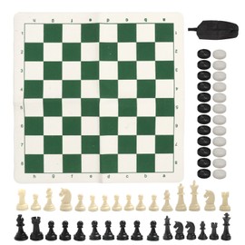 Chess Checkers Set PP Chess Pieces PU Imitation Leather Chess Board with Drawstring Velvet Bag Chess Game Set for Party Camping Green