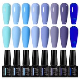 MEET ACROSS Gel Nail Polish Set, 8PCS Blue Gel Nail Polish Kit, Soak Off UV/LED Nail Polish Nail Art Design Salon Home Gifts for Women