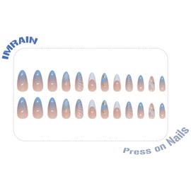 IMRAIN 3D Wave Press on Nails Medium Almond Fake Nails Blue French Nail Art Tips Glossy Glue on Nails with Ocean Wave Design Full Cover Artificial Acrylic False Nails for Women 24Pcs