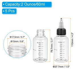 PATIKIL 2oz(60ml) Plastic Dispensing Bottle, 5Pcs Squeeze Graduated Empty Bottles with Black Twist Cap for Liquids, Inks, Oils, Sauces, Arts and Crafts, Transparent