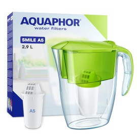 AQUAPHOR Wasserfilter Smile Hellgrün inkl. 1 A5 Filter I Reduziert Kalk & Chlor I Karaffe für 2,9l I Kompakter & leichter WasserfiIter I Tischwasserfilter I Passt in die Kühlschranktür