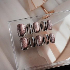 GLORS Short Press On Nails, Purple Leopard Chrome Design, 10 Pieces, Handmade Square False Nails (M,SS)