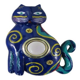 Waterwood Hand Painted Blue Cat Doorbell - Wired & Illuminated Push Button Cast in Durable Polyresin