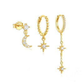 Jeyfull Cartilage Earring for Women-3 Pairs 14K Gold Plated Sun Moon Earrings for Women Hypoallergenic Dainty Everyday Jewelry