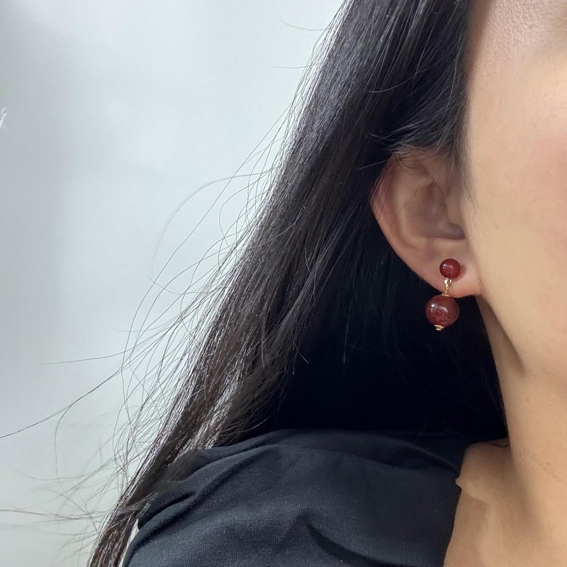 Handmade Red Agate Double Round Beads Dangle Drop Earrings for