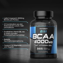 BCAA Tabletten 4000mg (pro Portion) | 365 Vegane Stück | Aminosäure Komplex mit Vitamin B6 | von Horbaach