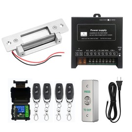 Remote Control Electric Strike Door Lock System, 2200lbs Fail Secure/Fail Safe Adjustable, Stainless Steel Exit Button, Access Control with Power Supply, 4 Remote Transmitters for Wood/Metal/PVC Doors