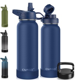 CIVAGO 40 oz Insulated Water Bottle With Straw, Stainless Steel Sports Water Cup Flask with 3 Lids (Straw, Spout and Handle Lid), Double Walled Travel Thermal Canteen Mug, Navy Blue