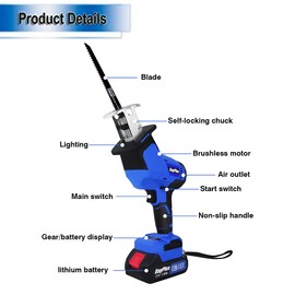 Cordless Reciprocating Saw Electric Wood Saw Battery Powered Saw Portable & Lightweight, 4 Saw Blades, Variable Speed, Brushless Motor, for Gardening Pruning Tree Trimming Wood Cutting(2 Batteries)