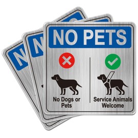 No Pets Allowed Sign for Business, No Pets But Service Animals Welcome Sign, 3 Pack 6×6 inch Brushed Silver Effect Vinyl Decal Stickers Strong Grip Door Signs for Business & Office Durable Weather Resistant, Easy Mounting