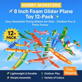 Hobby Monsters 8" Foam Glider Planes 12-Pack – Easy Assembly, Kids Outdoor Fun, Party Favors