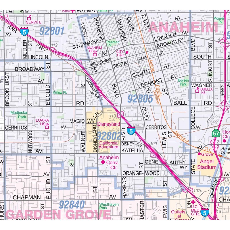 Metro Maps Los Angeles-Orange County-Riverside Detailed Region Wall Map (67"x44")