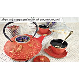KIYOSHI Luxury 7PC Japanese Tea Set."Red Koi" Cast Iron Tea Pot with 2 Tea Cups, 2 Saucers, Tea Infuser and Teapot Trivet. Ceremonial Matcha Accessories