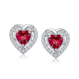 RANDES Ruby Earrings for Women July Birthstone Earrings 925 Sterling Silver Heart Shaped Red Stud Earrings