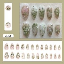 24Pcs Orchid Flower Press on Nails Almond Medium Fake Nails with Pearl Charms Rhinestones Green White Floral Nails Designs French Tip False Nails Full Cover Acrylic Glue on Nails for Women Daily Wear
