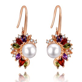 Uloveido Simulated Pearl Dangle Earrings Marquise Cut Cubic Zirconia Multicolor Dangle Earrings Rose Gold Plated Y611 (Rose Gold)