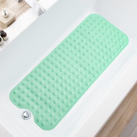 TEESHLY Bath Tub and Shower Mats, Non-Slip 39 x 16 Inch Extra Long Bath Mat, Machine Washable Bathtub Mat with Drain Holes, Suction Cups for Bathroom (Opaque Pale Green)