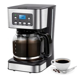 12-Cup PROGRAMMABLE Coffee Maker, REGULAR & STRONG Brew Drip Machine with Glass Carafe, 24H Timer, PAUSE & SERVE, AUTO SHUT-OFF, Water Window, Black & Stainless Steel