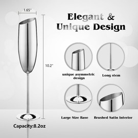 Haniforever Silver Champagne Glasses Set of 2,8.2oz Stemmed Stainless Steel Unbreakable Champagne Flutes, Vintage Tall Metal Wine Glasses for Drinking Toasting Anniversary Wedding Christmas