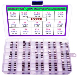 QBGTFAK 15 Values 150pcs Quick Blow Glass Tube Fuse Assorted Kit 5x20mm 250V 0.1A, 0.2A, 0.5A, 1A, 1.5A, 2A, 3A, 5A, 7A, 8A, 10A, 12A, 15A, 20A, 30A (5x20mm)