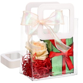 EUSOAR Clear Gift Bags with Handles, 6 Pcs 7"x4"x8" Small Transparent Totes Bags with Champagne Ribbon, White PVC Shopping Graduation Bag for Groceries Wedding Birthday Concerts Party Favors Concerts