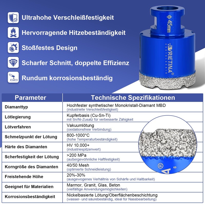 5 x Diamond Tile Drill Bits HV 10000+ Hardness, 6|6|8|10|20